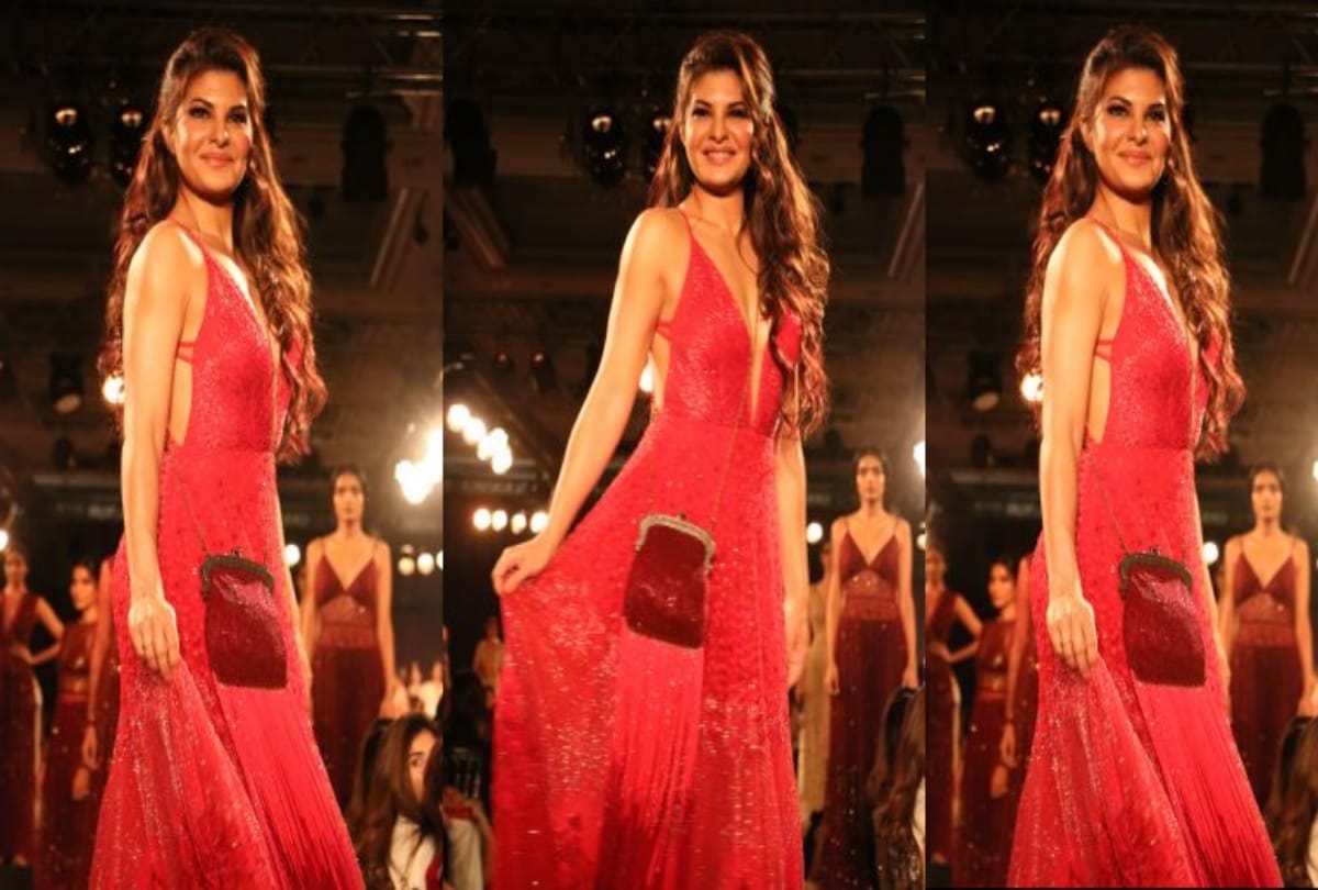 Jacqueline fernandez looks drop dead gorgeous in red designer gown