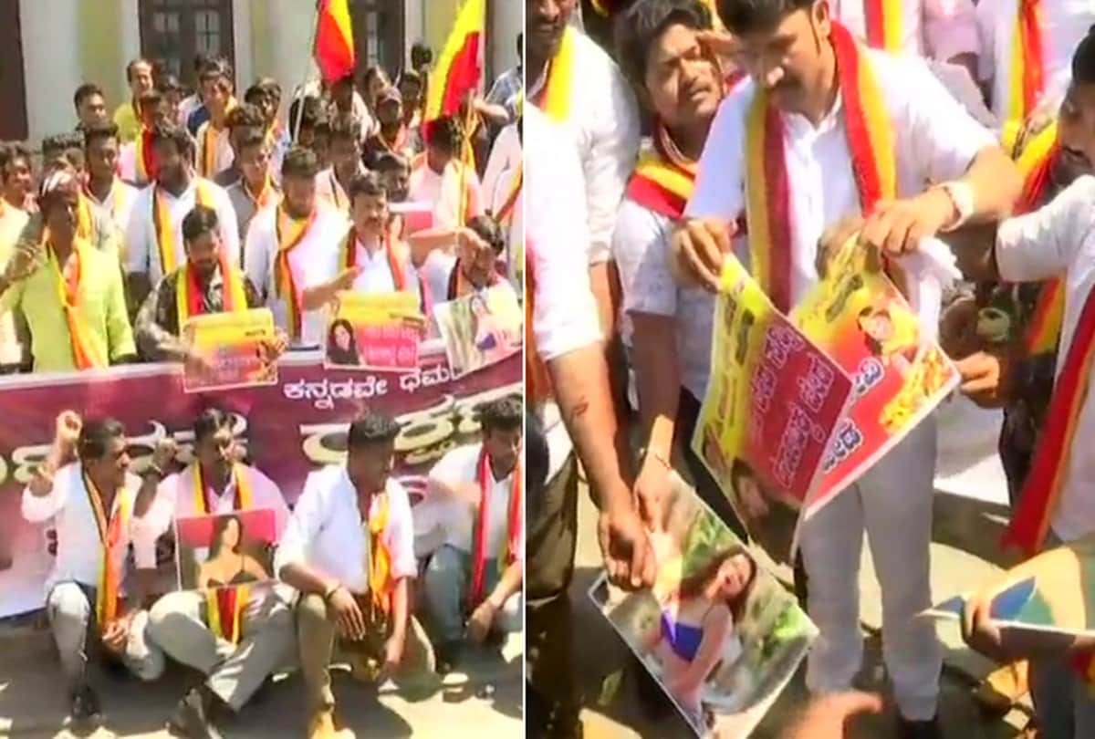 Protest Against Sunny Leone film Veeramadevi Kannada Organizations Burnt Her Posters