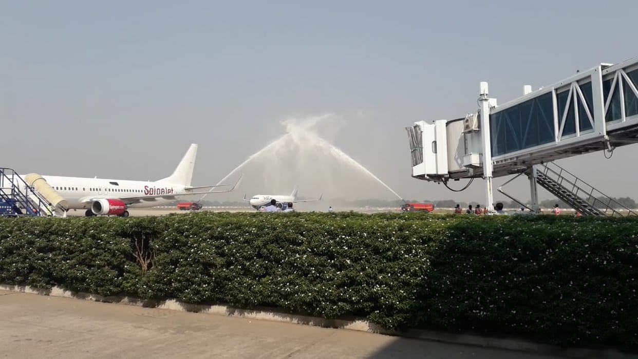 ,varanasi to guwahati flight services start with water canon salute