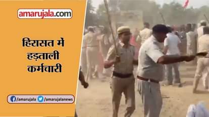 Police uses force to dislodge the protesting roadways employees in Haryana’s Fatehabad