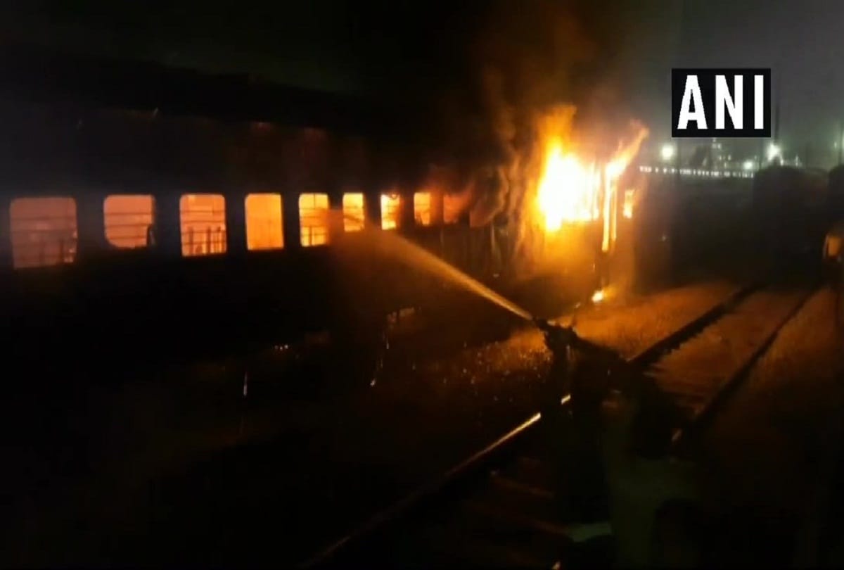 Fire broke out in a coach of a passenger train at Jhansi Railway station