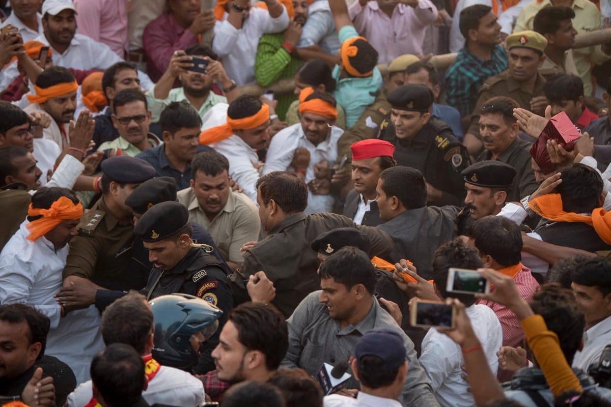 Heavy crowd reached at akhilesh yadav event of govardhan puja at varanasi in uttar pradesh
