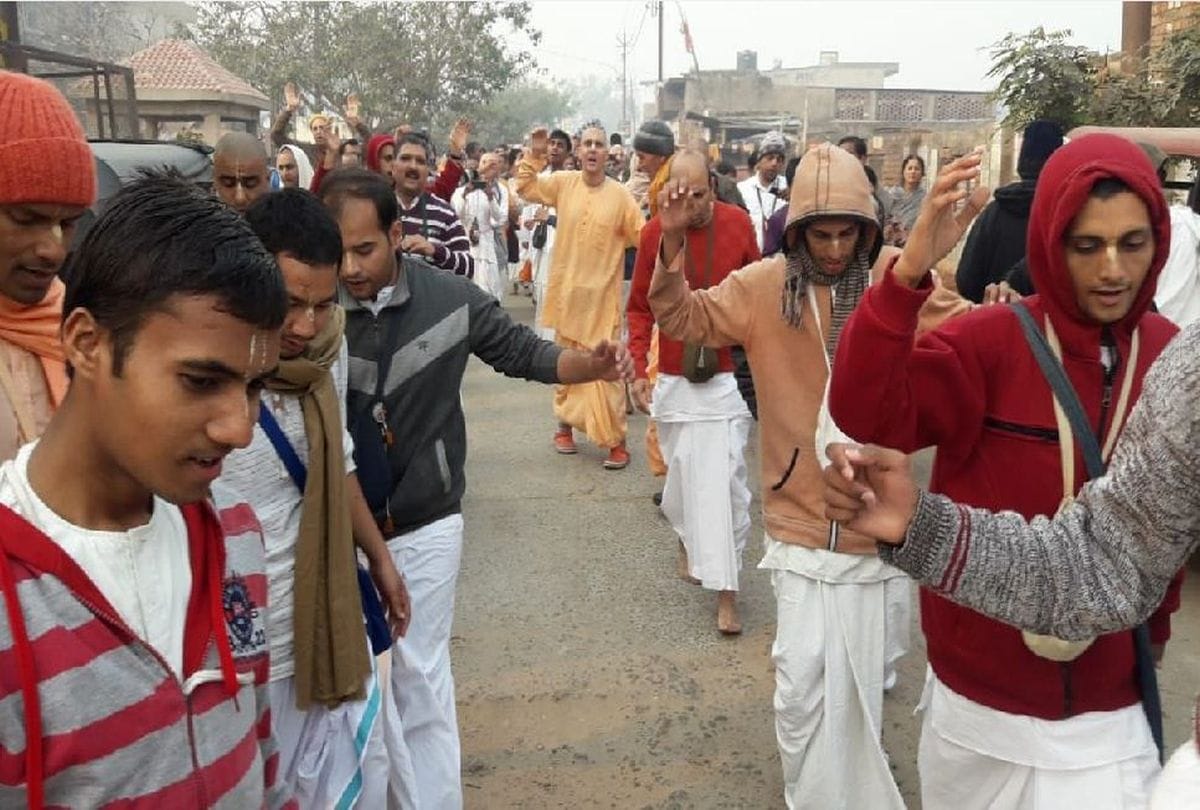 foreign devotees held nagar sankirtan yatra iskcon vrindavan