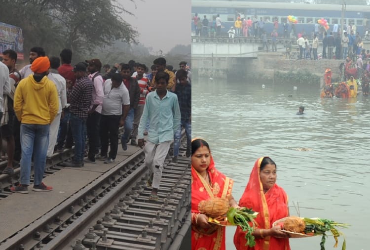 People standing on railway track in bhatinda and passing trains