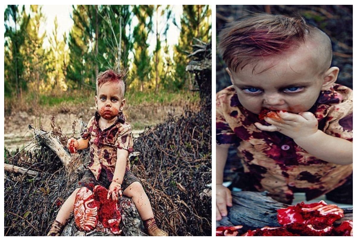 A mother had a zombie cake photoshoot for her sons first birthday in australia