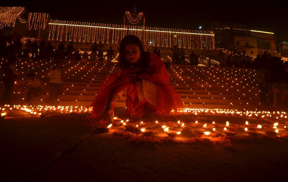 Varanasi ganga ghat decorated on dev deepawali
