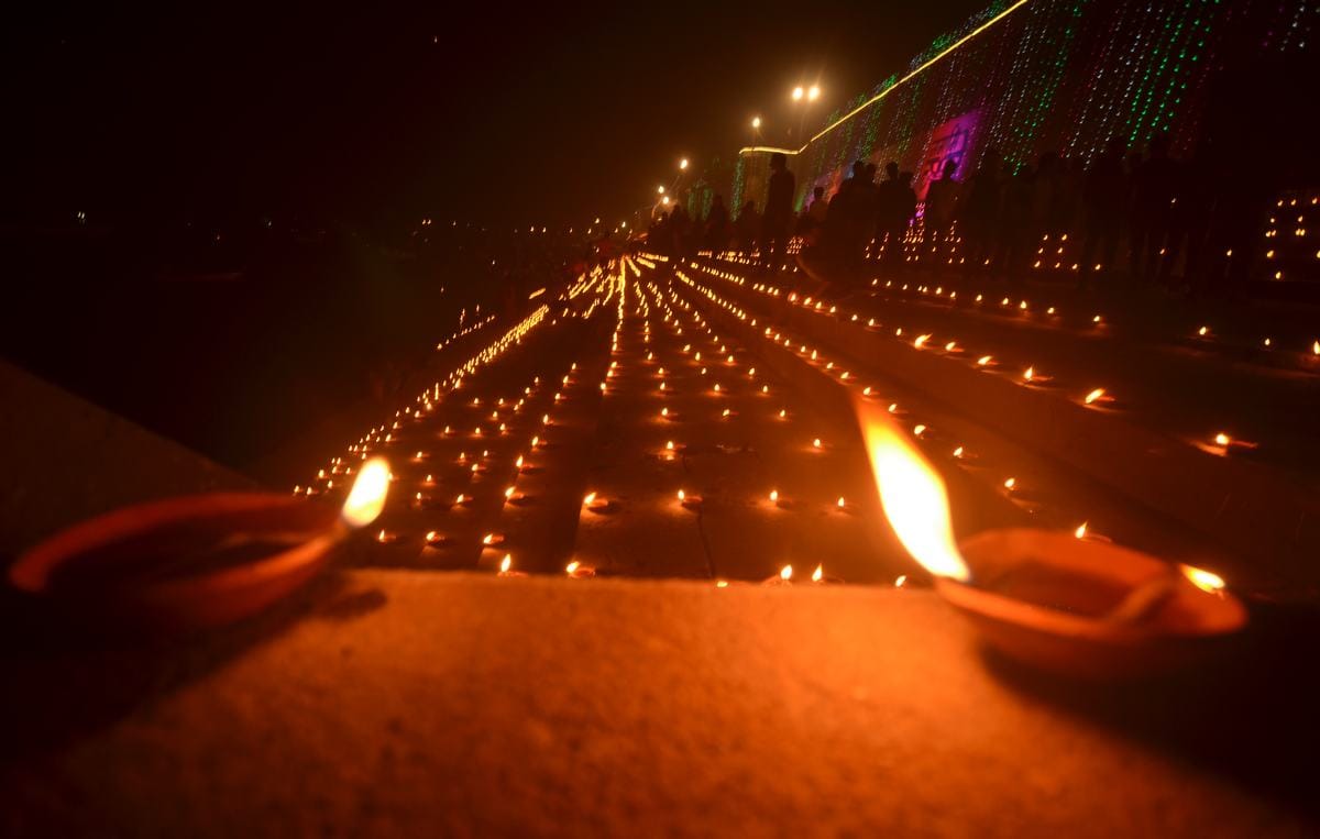 Varanasi ganga ghat decorated on dev deepawali
