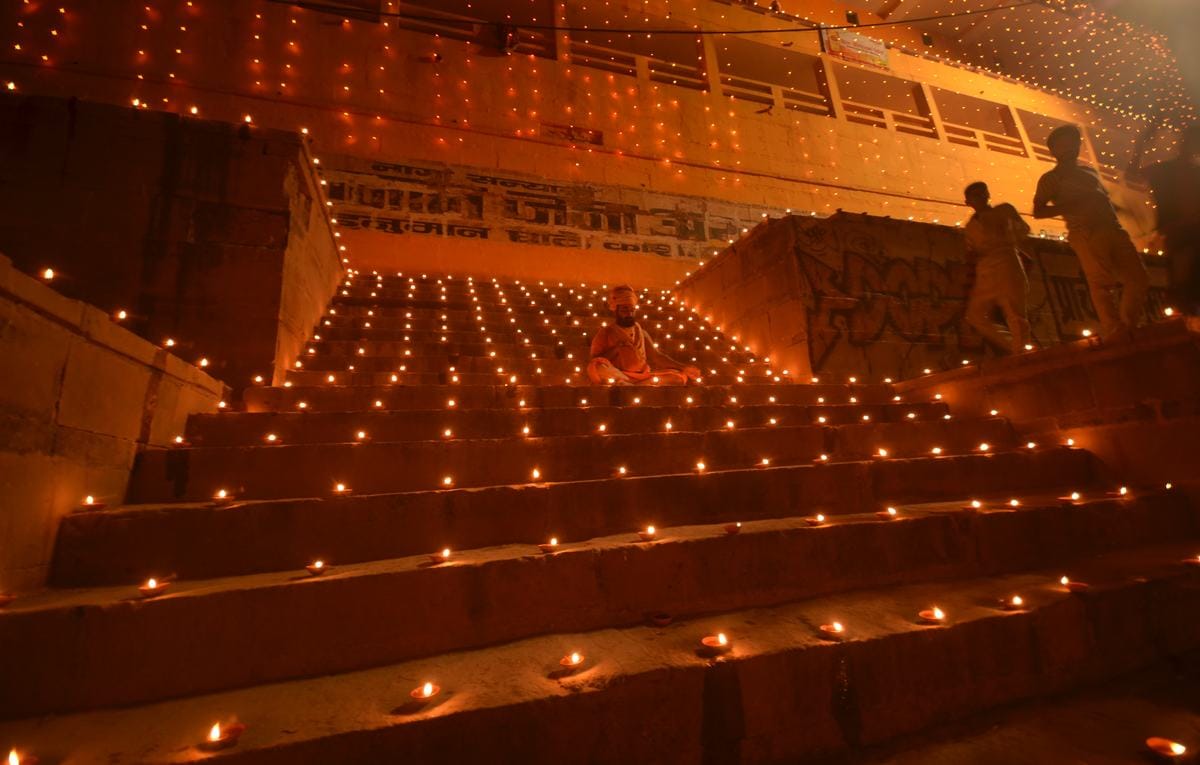 Varanasi ganga ghat decorated on dev deepawali