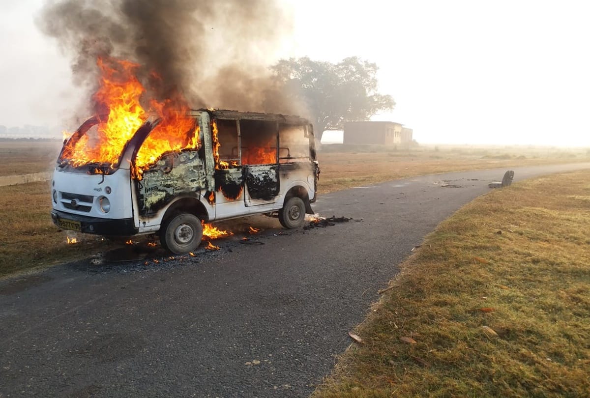 Fire in school van at Kushinagar international airport