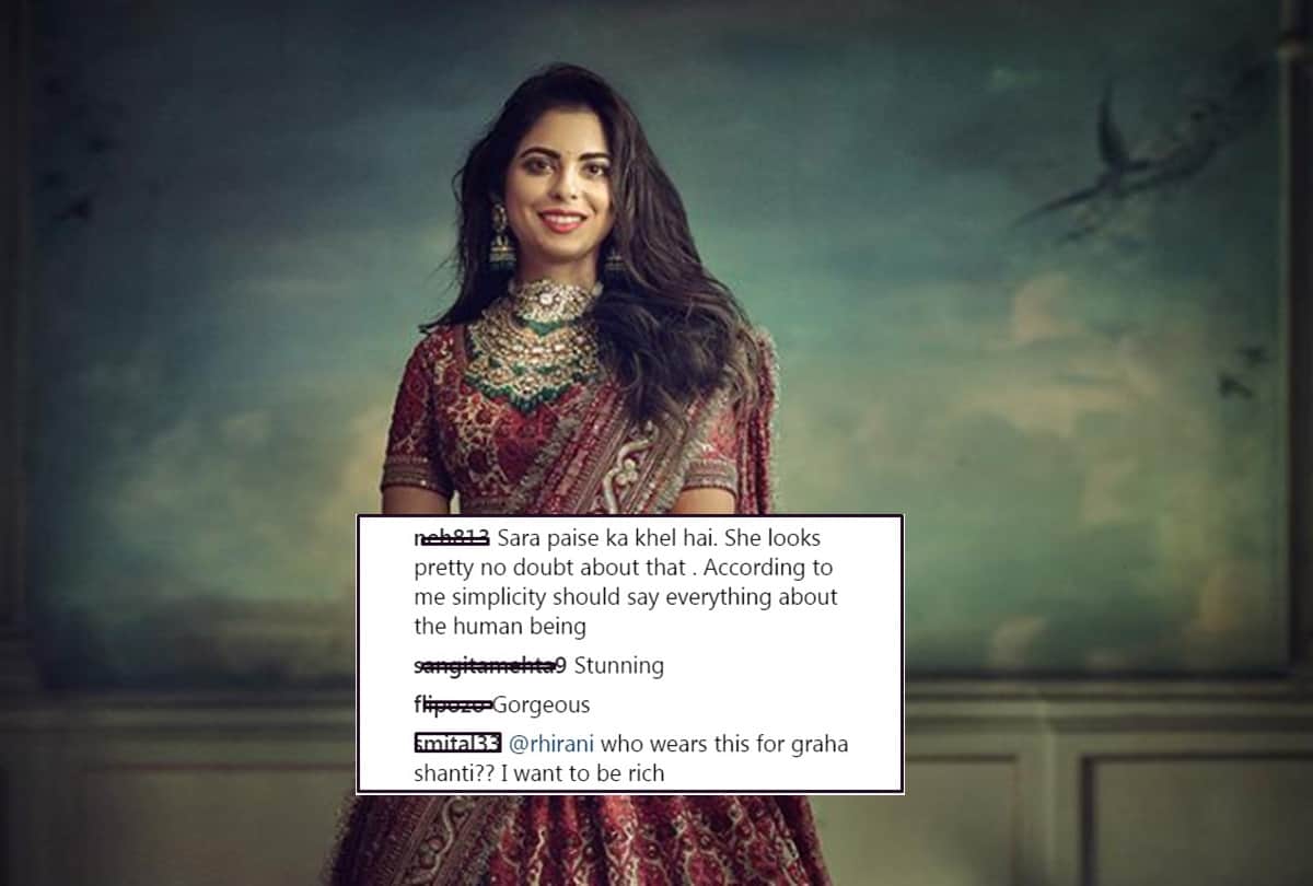 Isha ambani looks gorgeous in sabyasachi outfit users reaction
