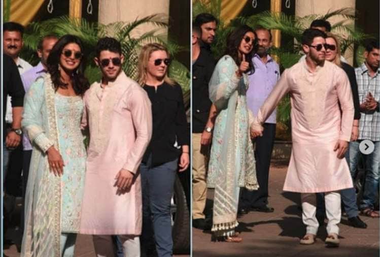 priyanka chopra and nick jonas pose for media after pre wedding puja