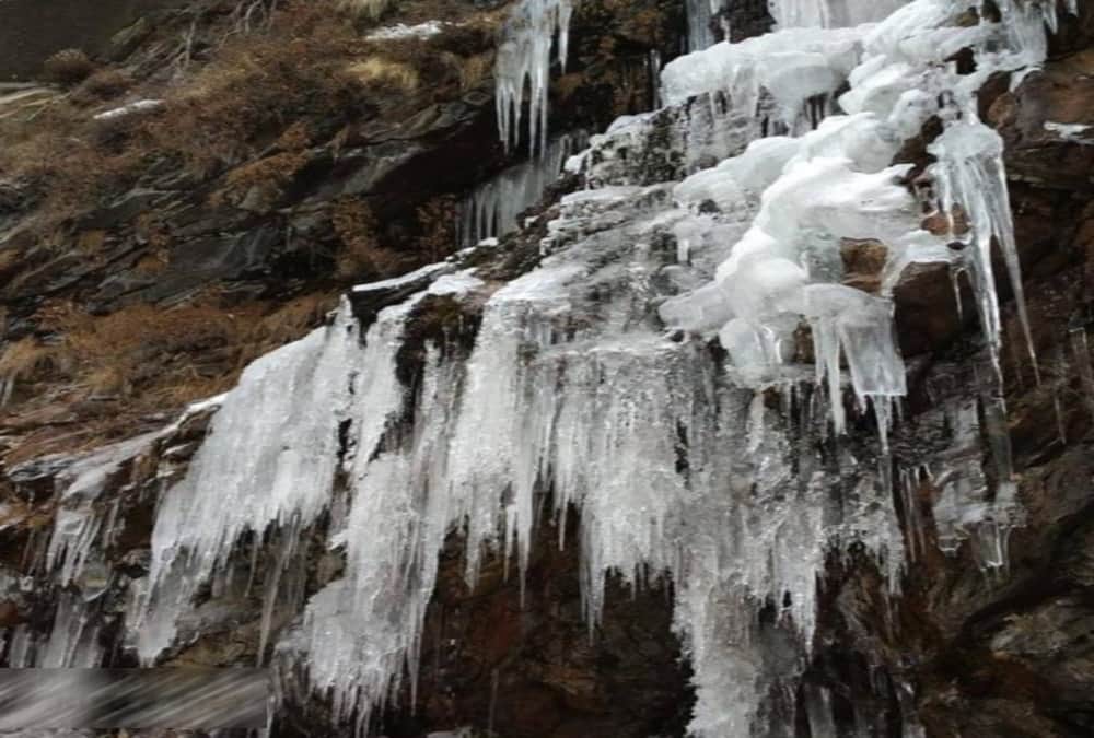 Waterfall freeze after bitter cold weather in uttarakhand chamoli
