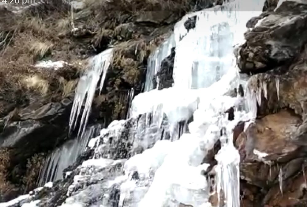 Waterfall freeze after bitter cold weather in uttarakhand chamoli