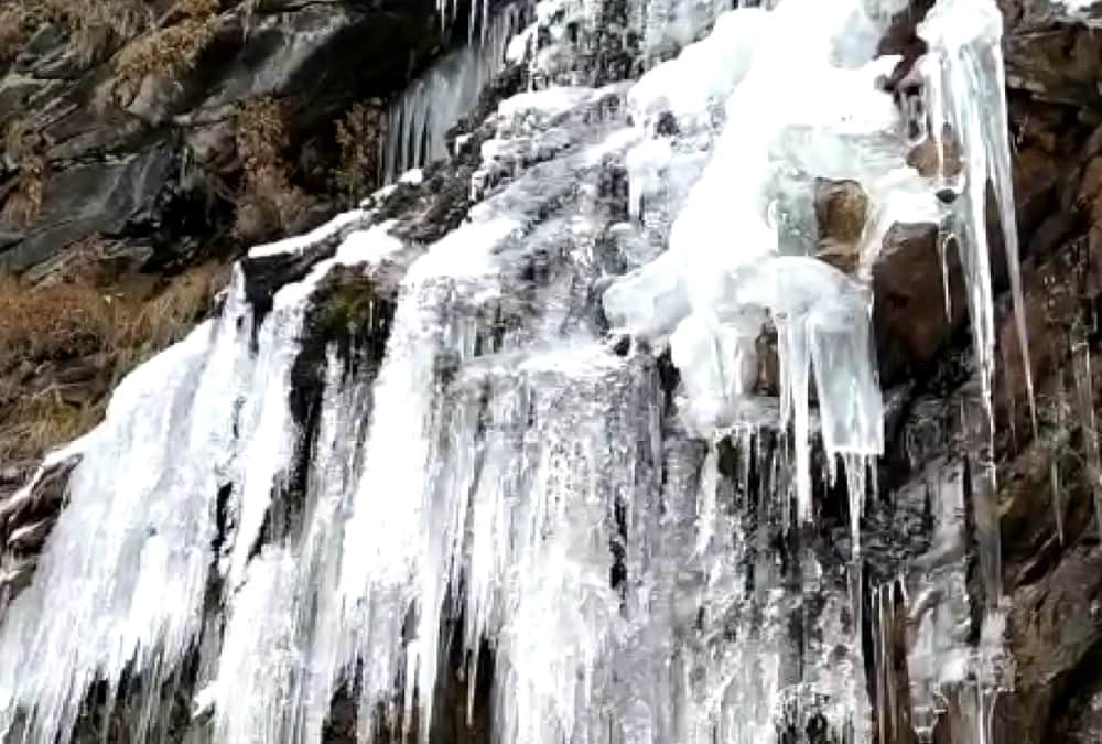 Waterfall freeze after bitter cold weather in uttarakhand chamoli