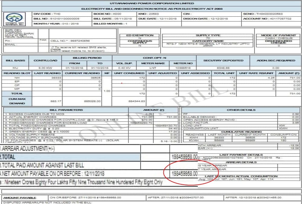 Shopkeeper Got 20 Crore Rupees Electricity Bill in rishikesh
