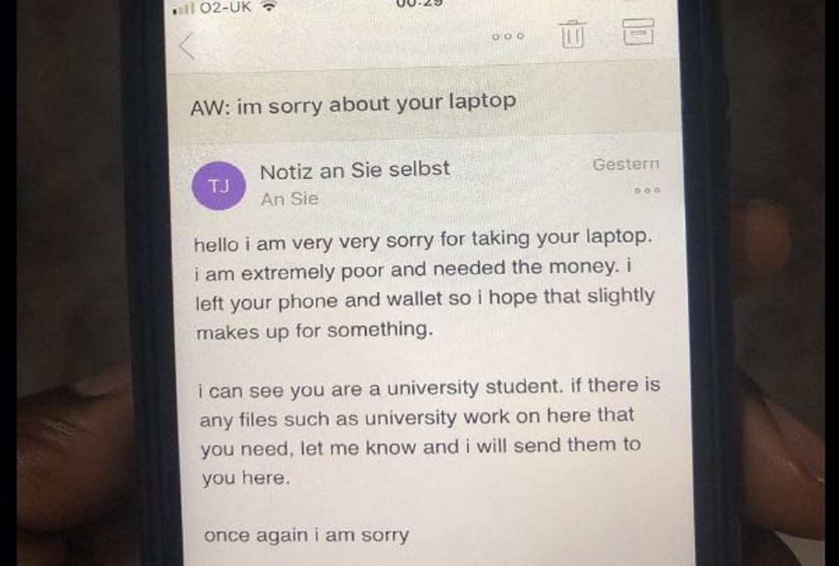 Thief stolen laptop and wrote apology email offered to forward important assignment viral on twitter