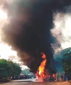 Fire in the moving trailer, explosion caused by tore bursts