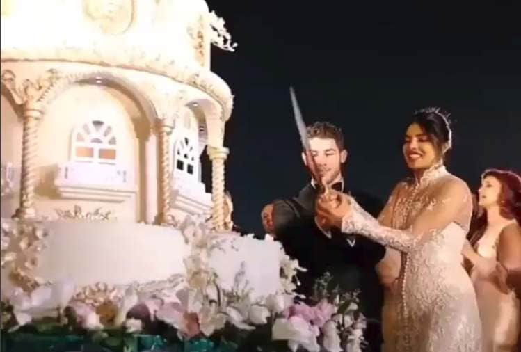 priyanka chopra and nick jonas christian wedding 18 feet long cake cutting video viral