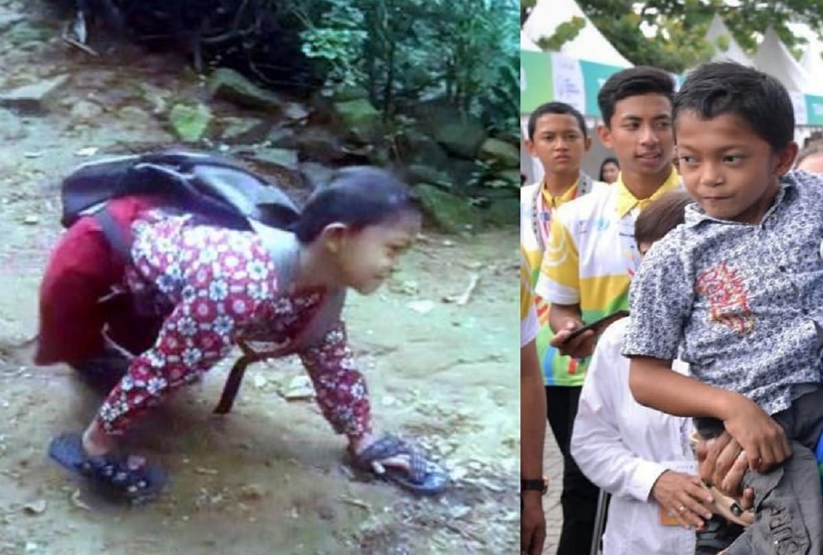  This handicapped Indonesian boy go to school with the help of hand