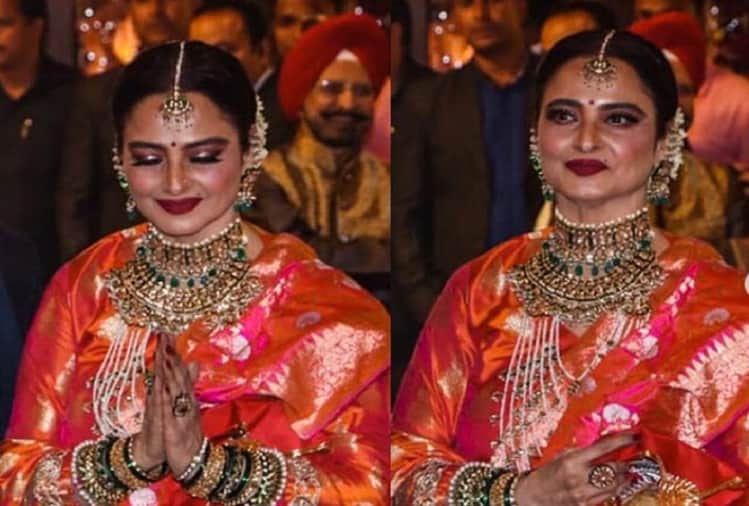 Rekha wearing Banarasi saree at Isha Ambani wedding