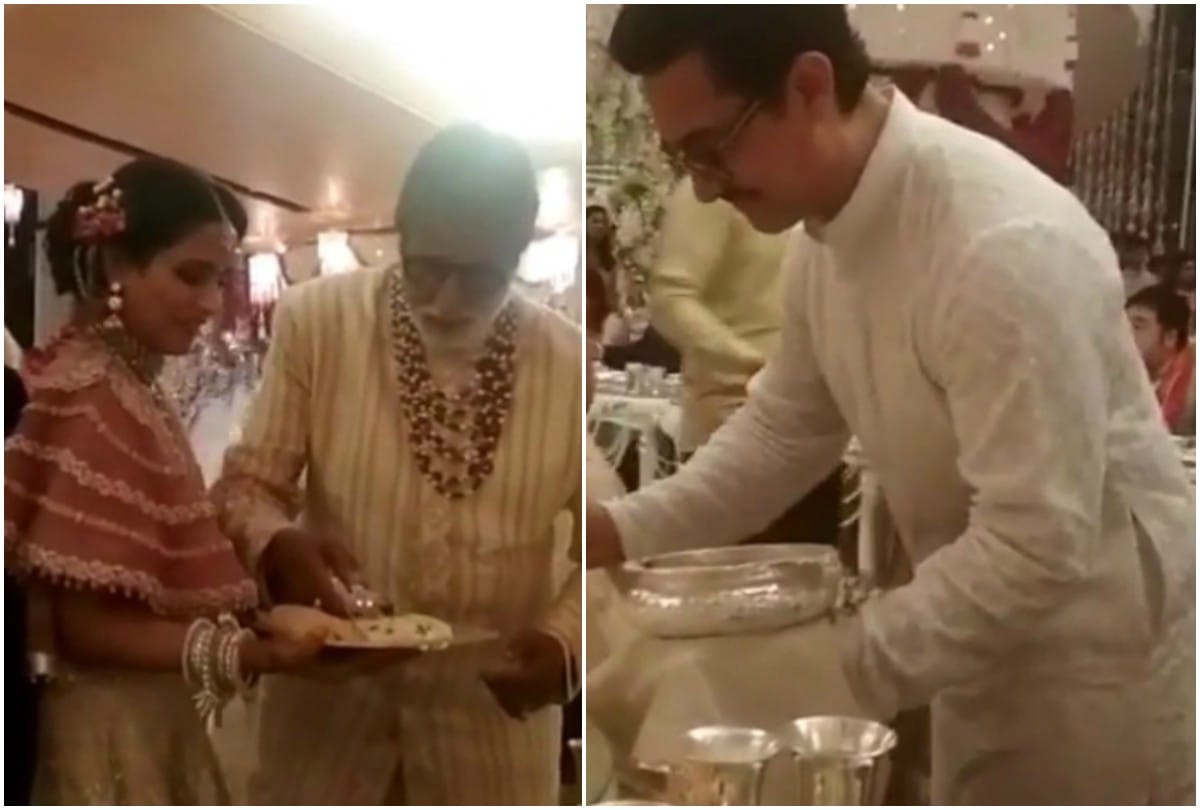 amitabh bachchan and aamir khan greet guest at isha ambani wedding