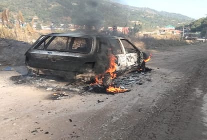 moving car caught fire on Manali Chandigarh nh near Jadol himachal