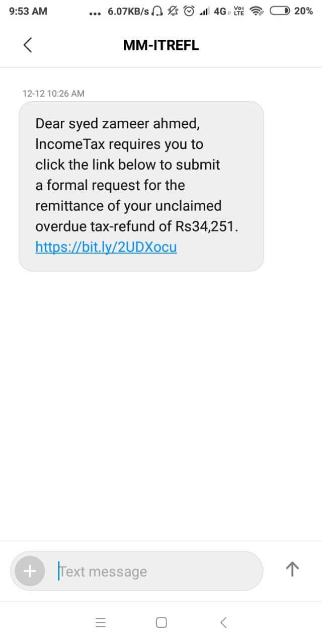 SMS Phishing attackers are send Fraud sms for income tax department about tax refund