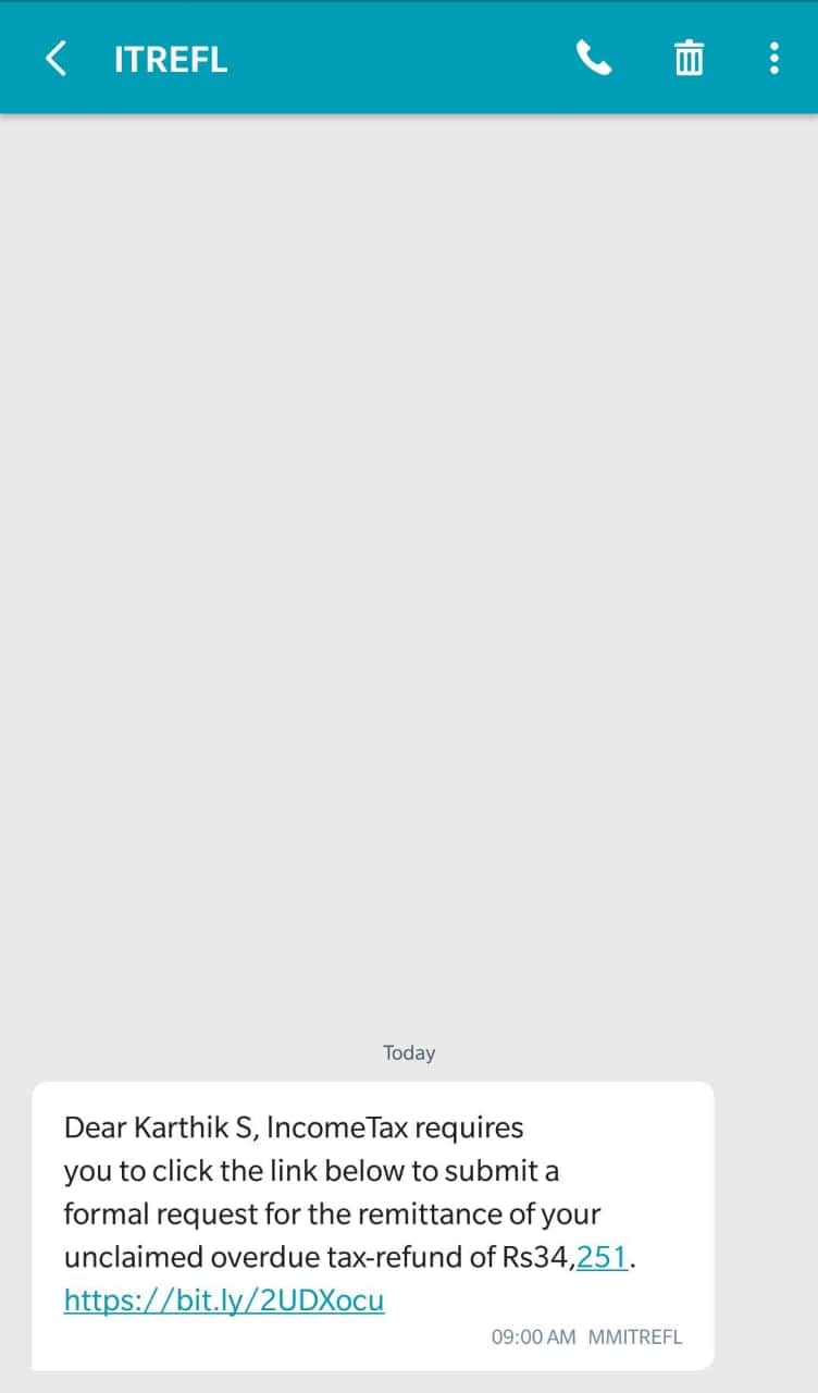 SMS Phishing attackers are send Fraud sms for income tax department about tax refund