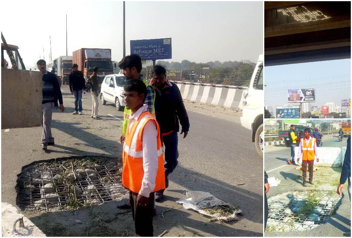part of rampura flyover in gurugram falls make pit on road