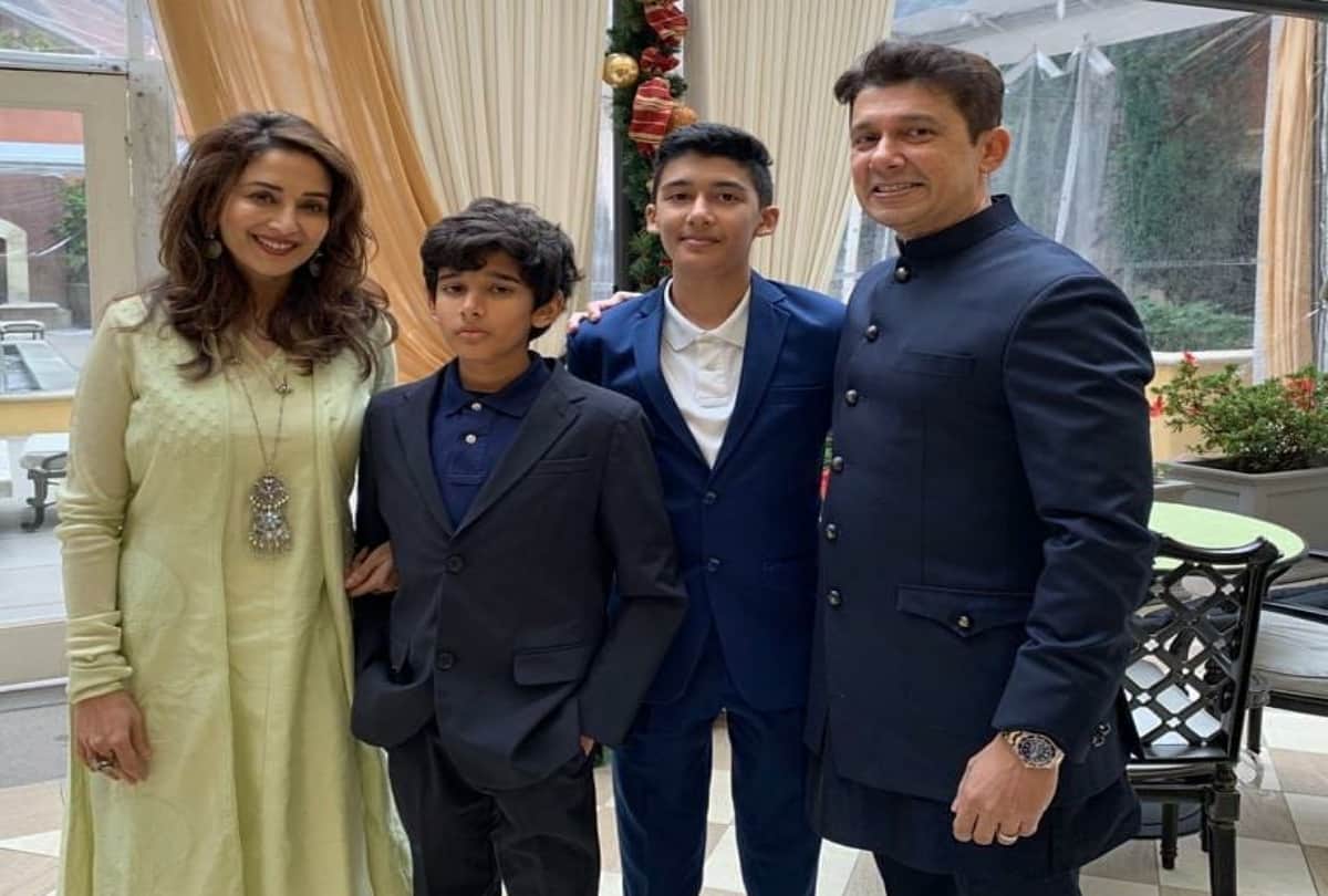 madhuri dixit with husband and son arin and rayaan way to vacation