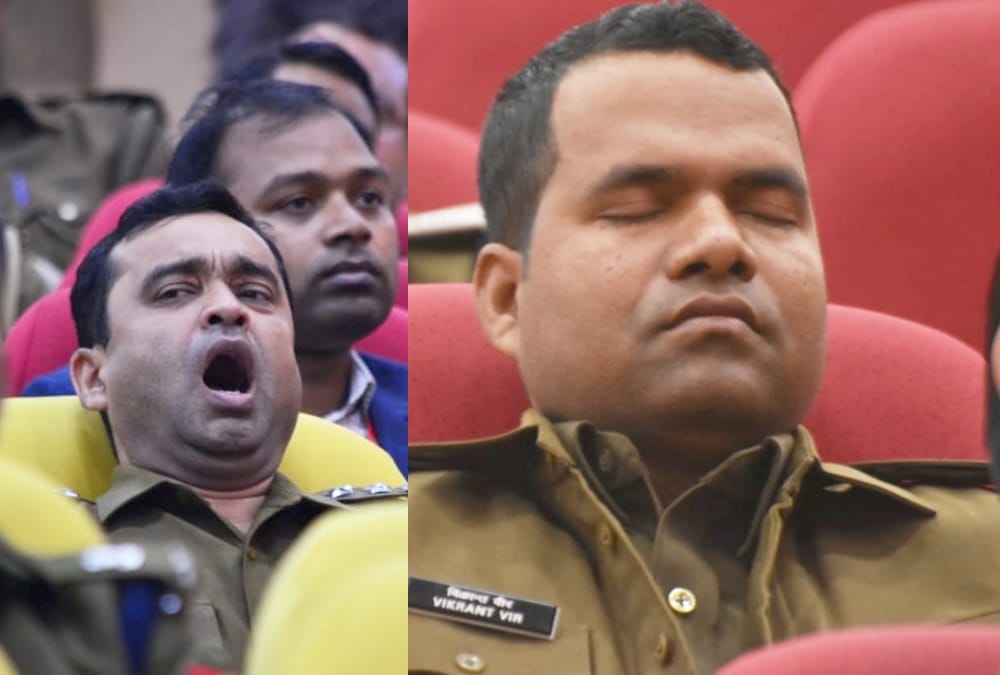 police officers were sleeping during chief minister yogi's speech.