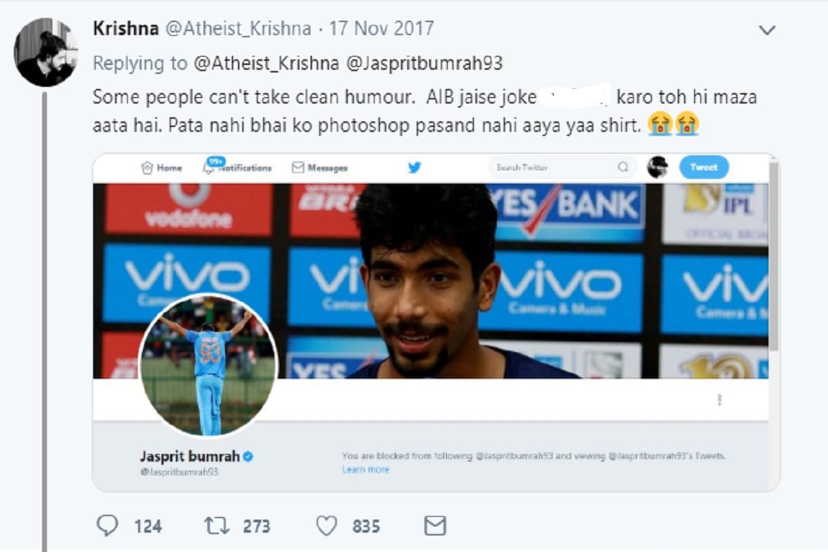 jasprit bumrah blocked a fan after misuse his six pack abs photos