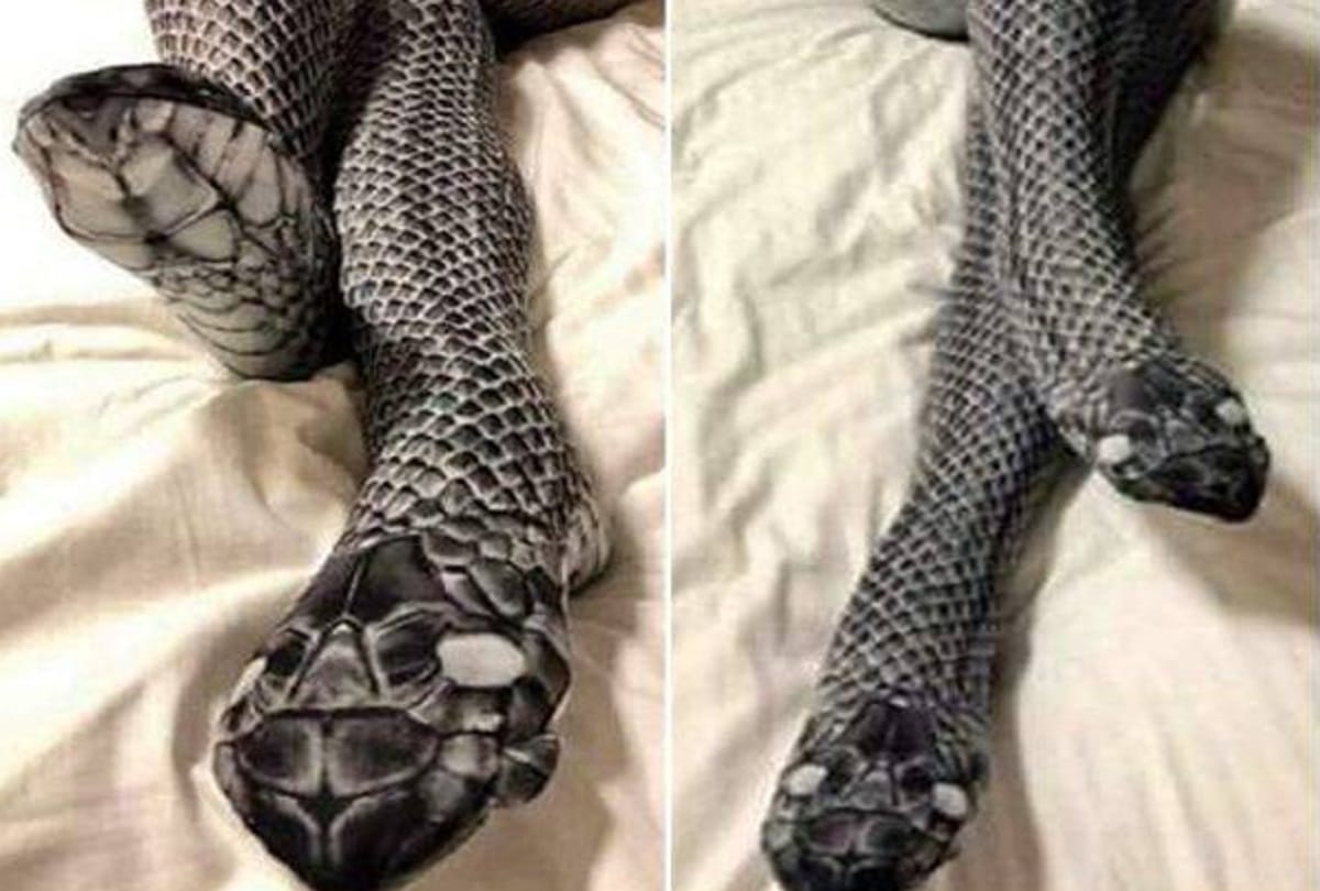 woman wears stockings looking like snake husband understood two snakes and beats her