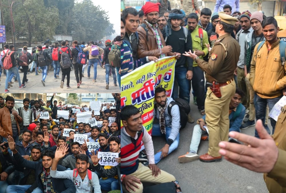 applicants protest in front of police board of uttar pradesh.