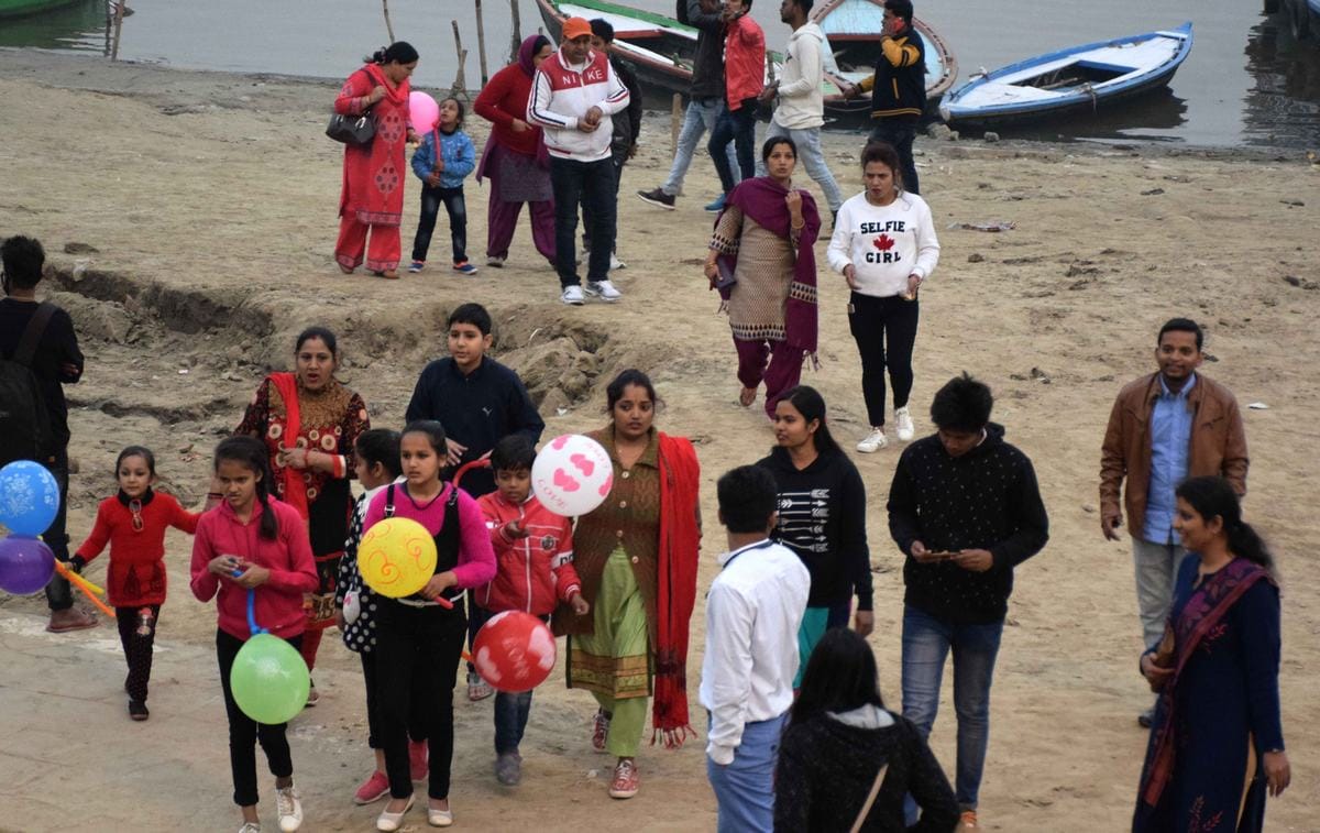 Varanasi people enjoying on ghat and across ganga