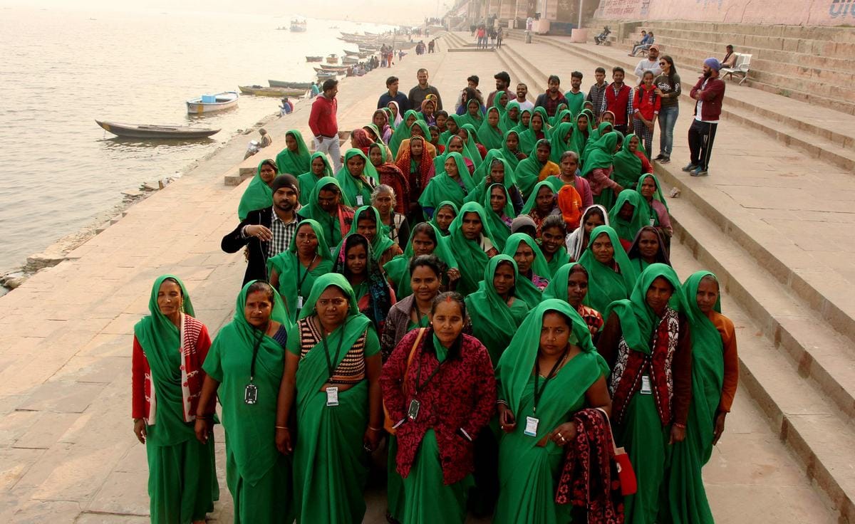 Green group woman first time came in varanasi