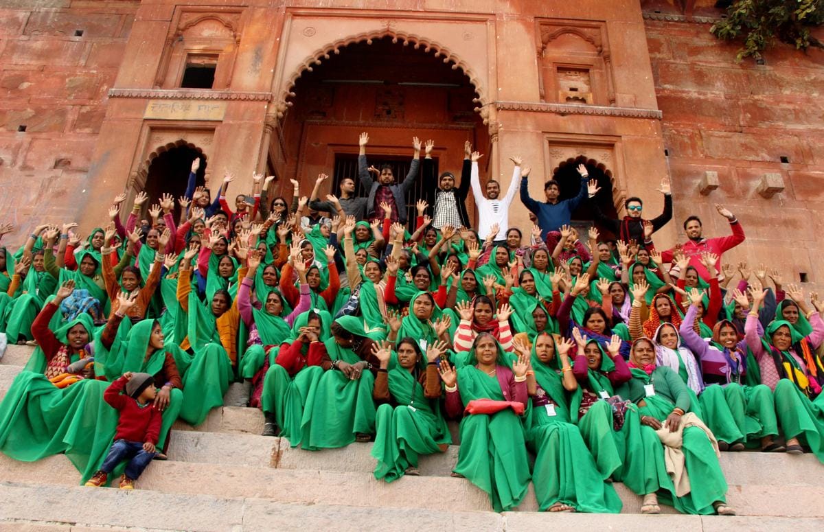 Green group woman first time came in varanasi