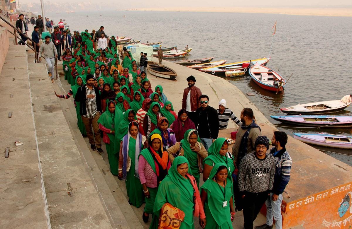 Green group woman first time came in varanasi