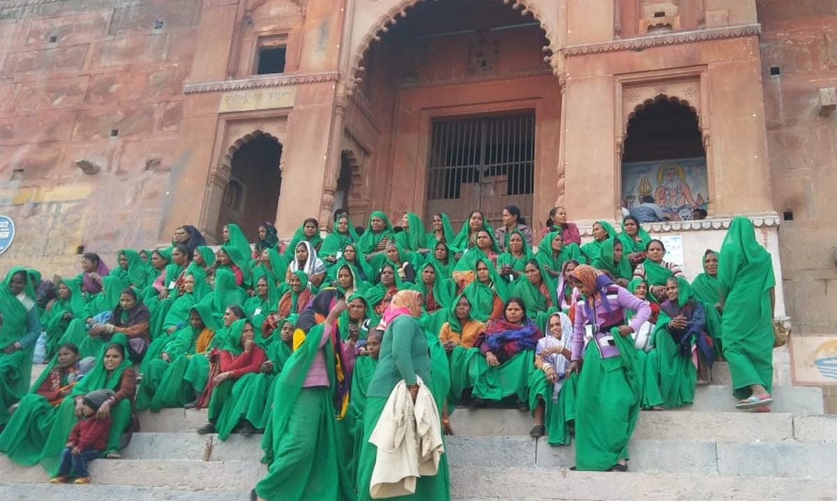 Green group woman first time came in varanasi