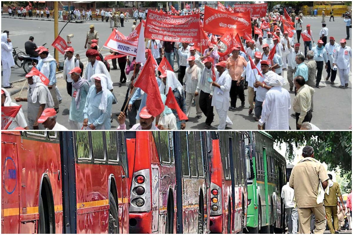 trade union strike: police has baton on labors and fired tear gas in Nimrana, rajasthan.