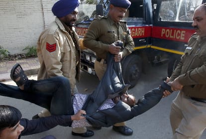 Blind people protest outside of Haryana Secretariat