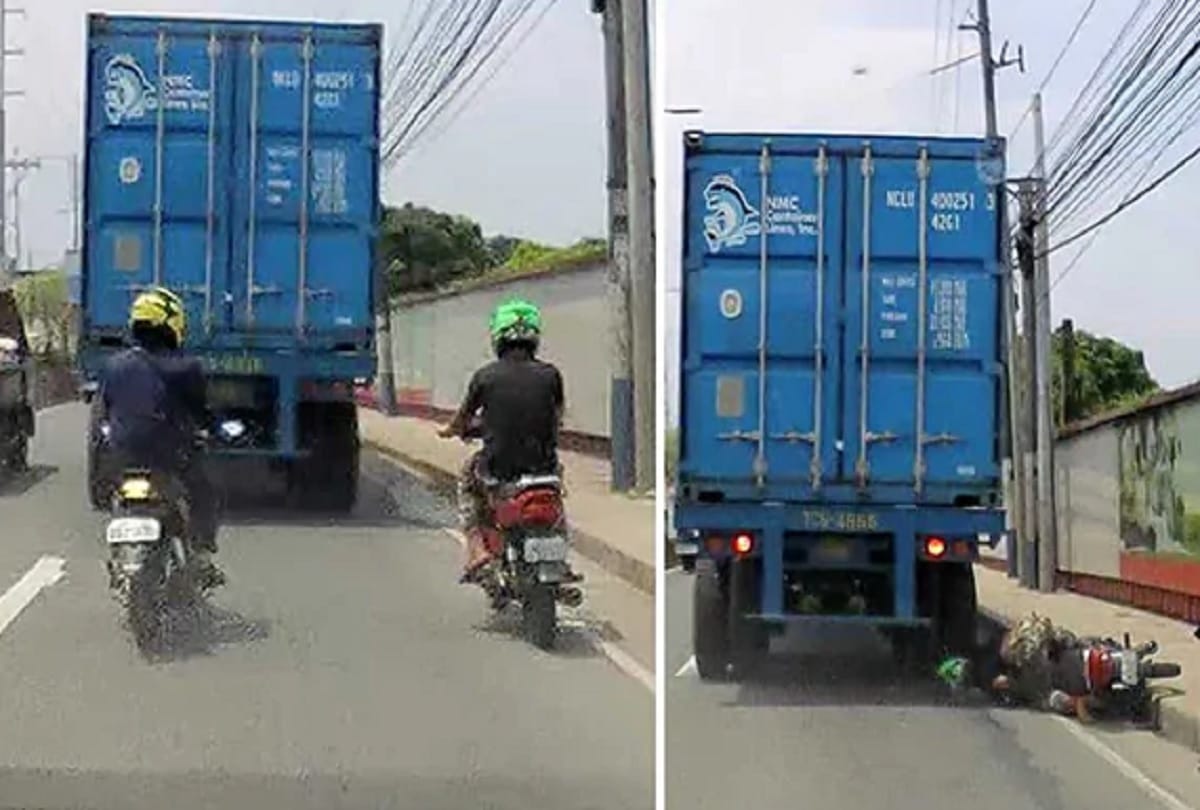 viral video : biker survives getting his head run over by truck