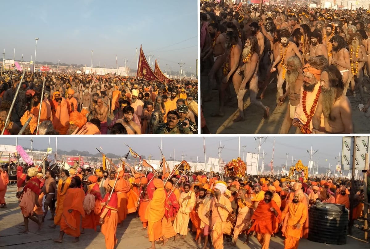 Hindu seers and saints head towards Sangam Ghat for a holy dip in river Ganga in kumbh 2019