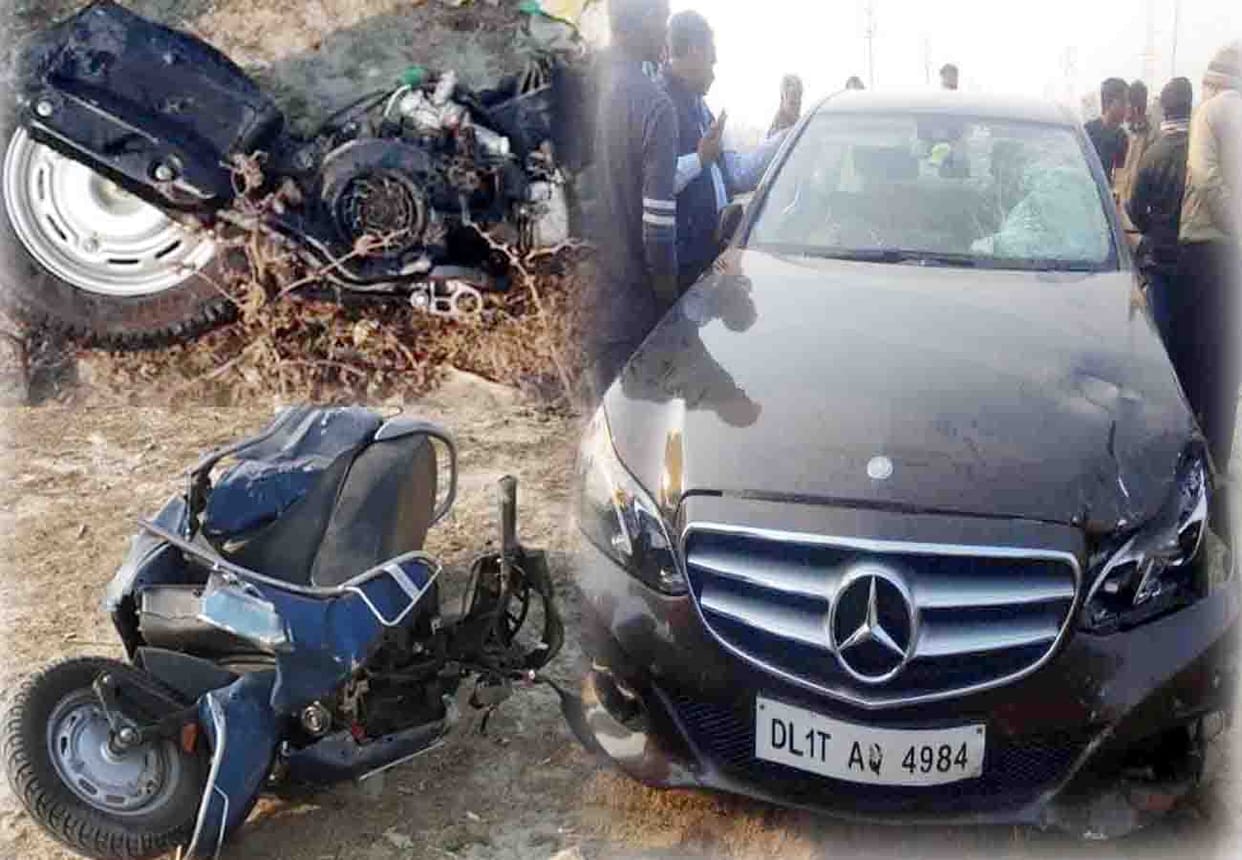 Scooty divided into two parts from collision of Mercedes