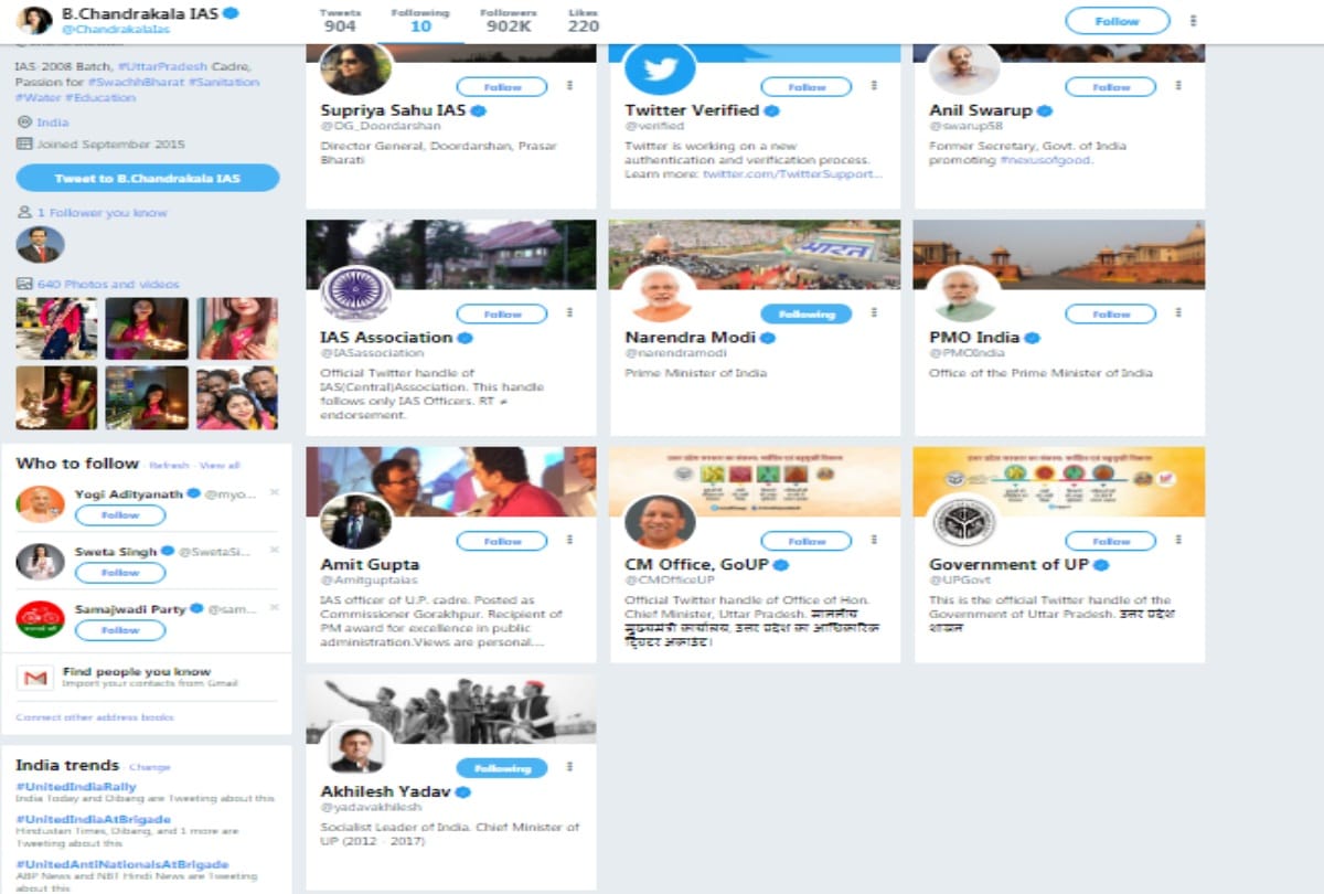 ias b chandrakala follows only 10 people on twitter not cm yogi but akhilesh yadav is in list