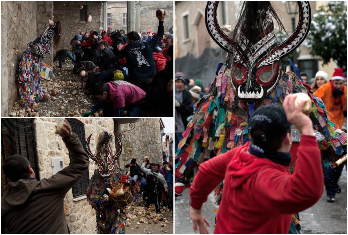 South spain jarramplas turnip festival people attacks demon with turnip