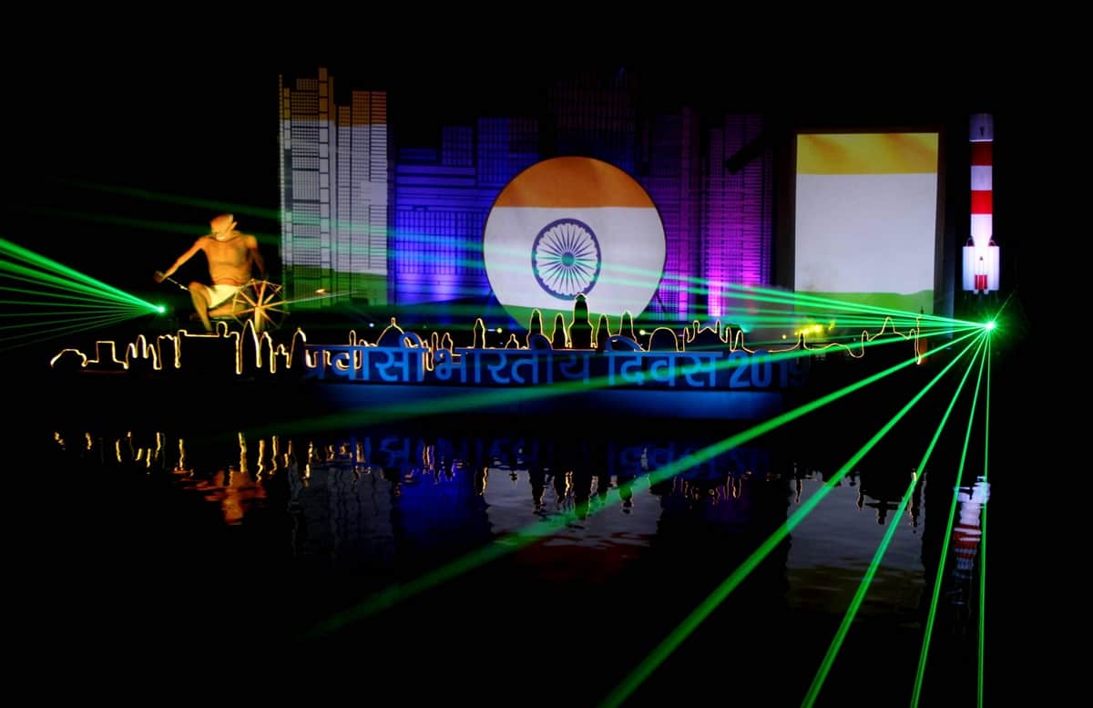 Varanasi ganga ghat are decorating by laser lighting