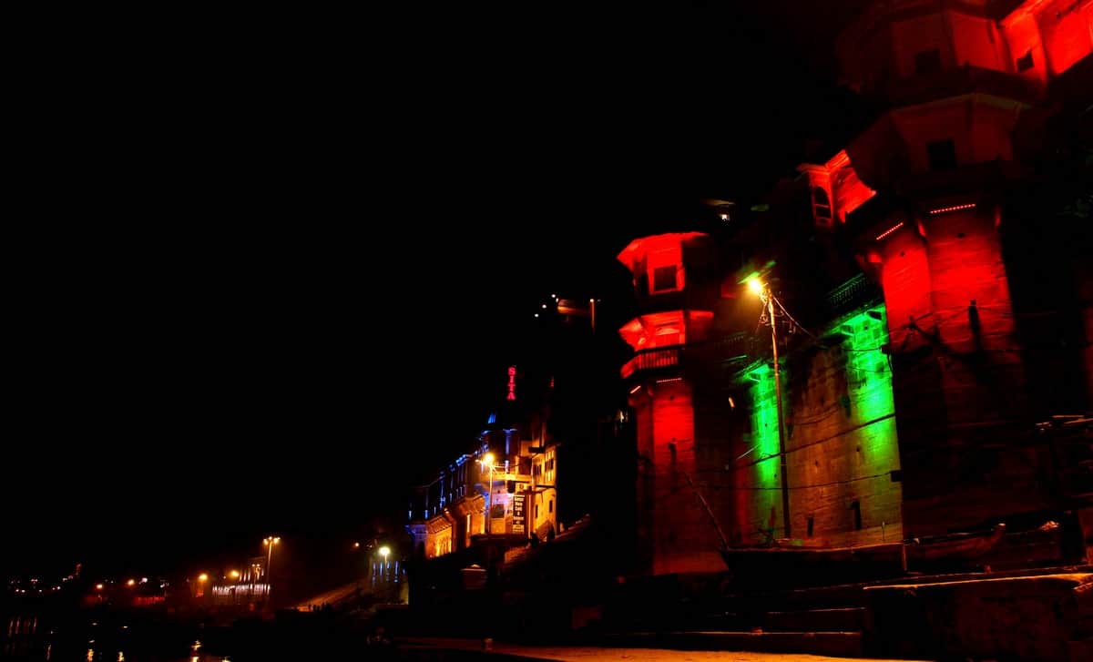 Varanasi ganga ghat are decorating by laser lighting
