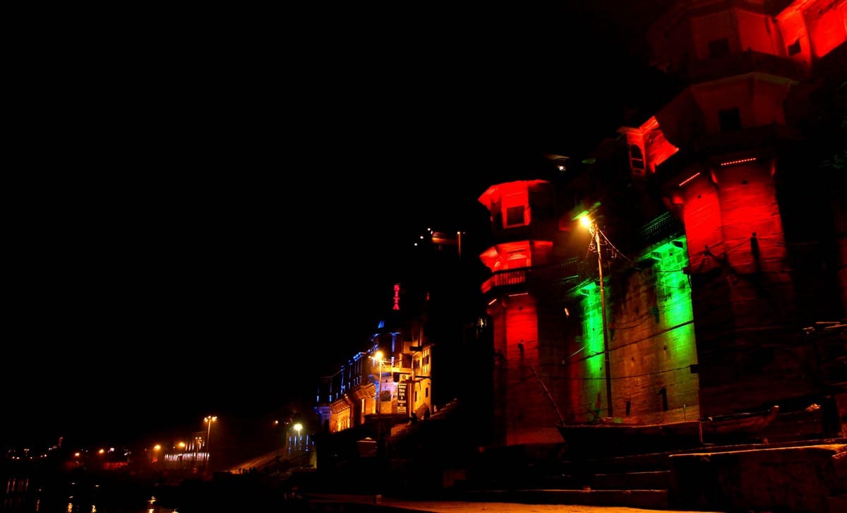 Varanasi ganga ghat are decorating by laser lighting