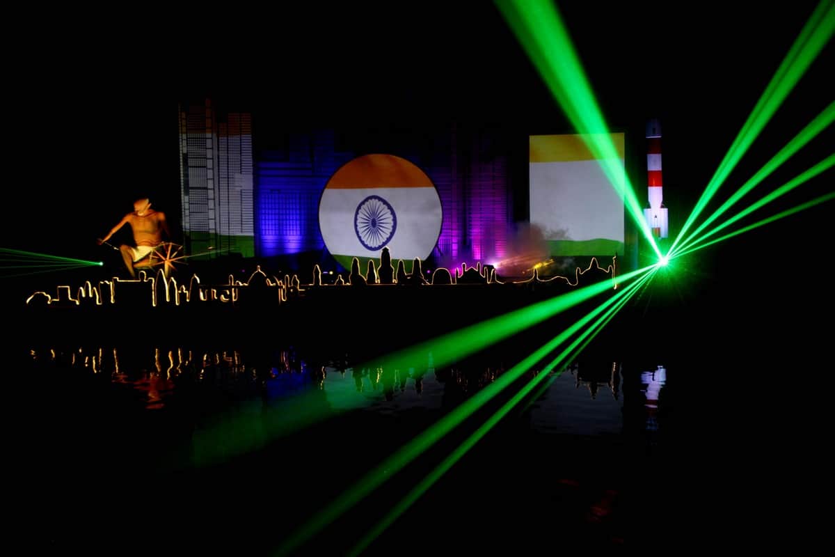 Varanasi ganga ghat are decorating by laser lighting